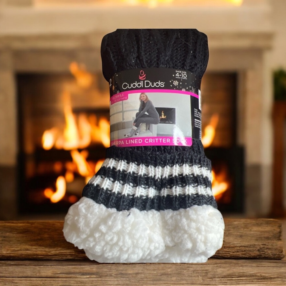 Cuddl Duds Sherpa Lined Critter Socks Women’s 4-10 Black White Knit Cozy Warm